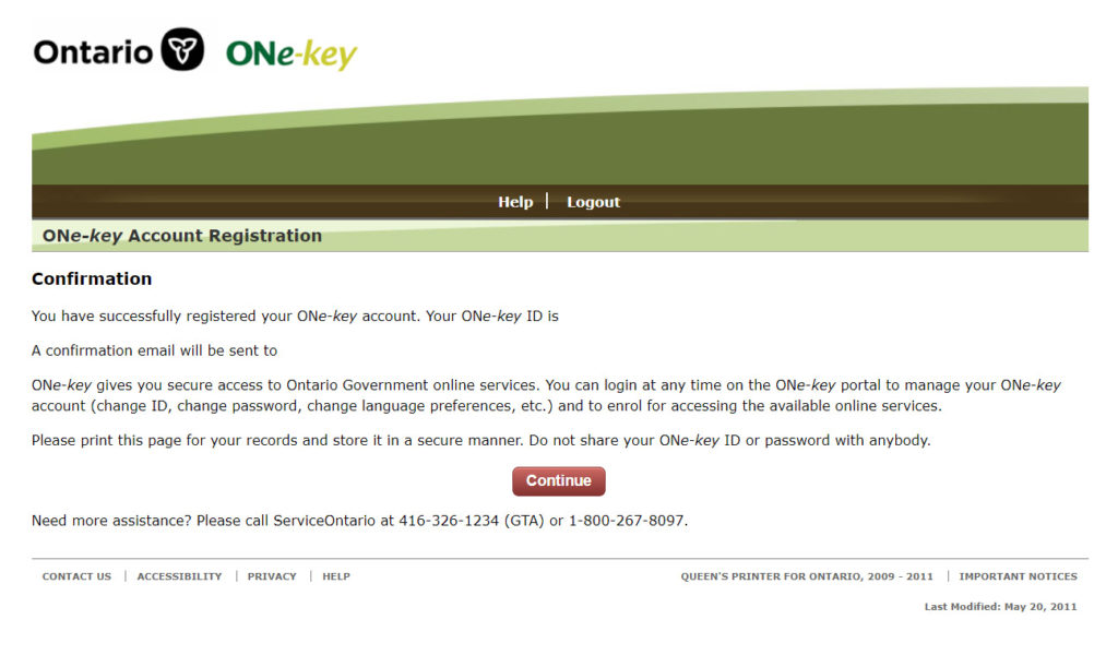 ONe-Key Account Confirmation Page