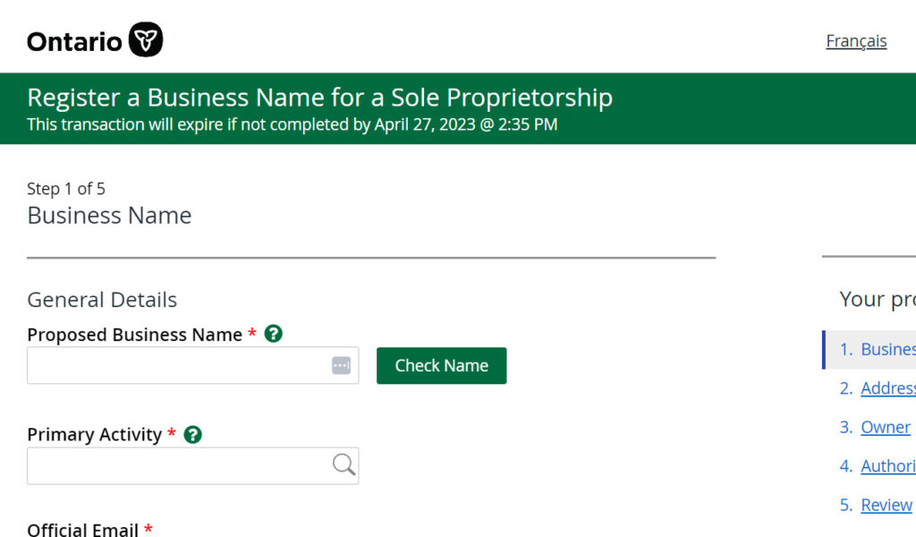 Register a Business Name for a Sole Proprietorship - Step 1 of 5
