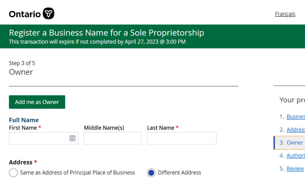 Register a Business Name for a Sole Proprietorship - Step 3 of 5