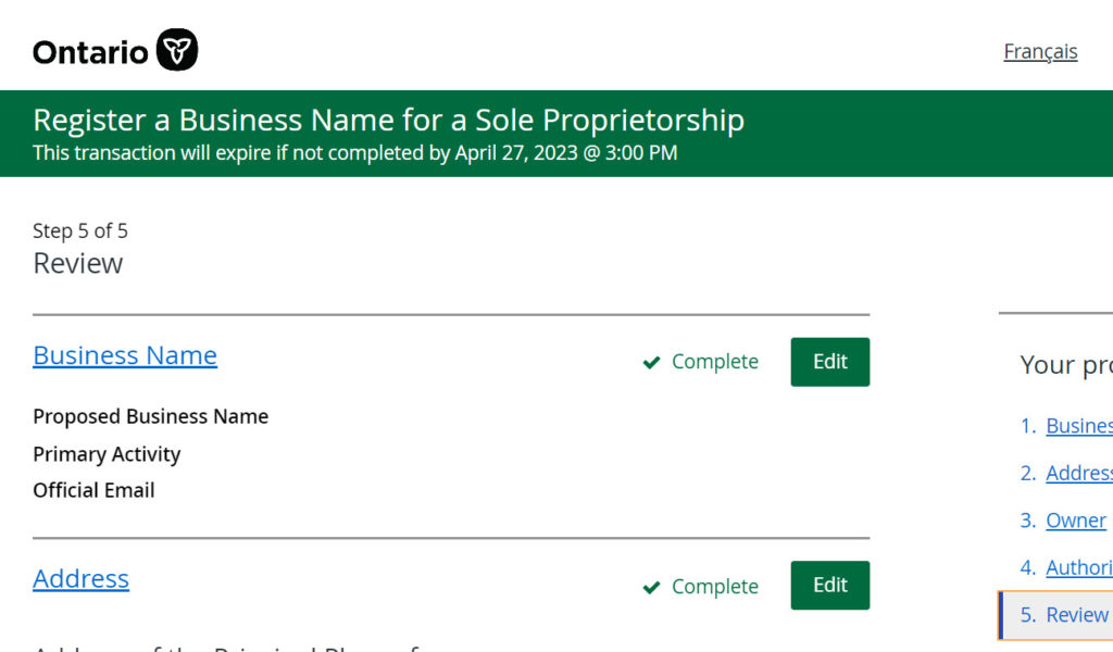 Register a Business Name for a Sole Proprietorship - Step 5 of 5