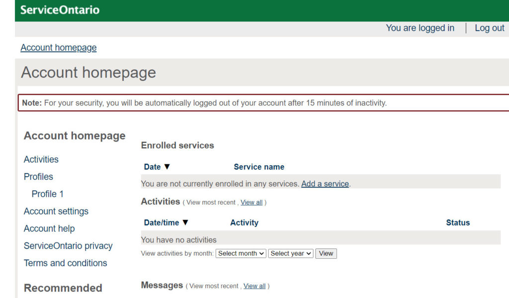 Service Ontario Account Homepage