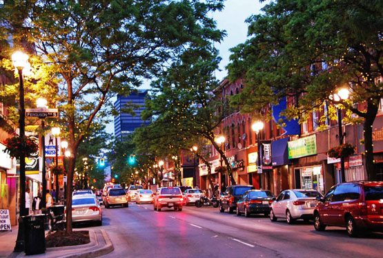 A street in Downtown Hamilton at night.