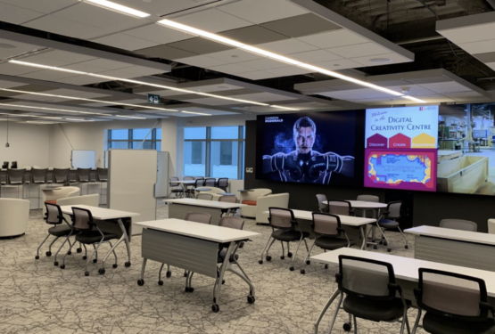 A workspace at the Interactive Digital Centre at Mohawk College