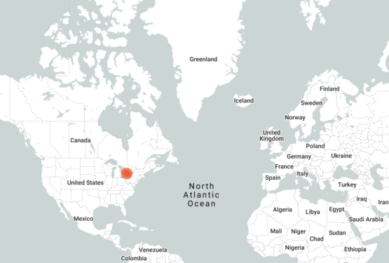 World map with a pin highlighting Hamilton, Ontario