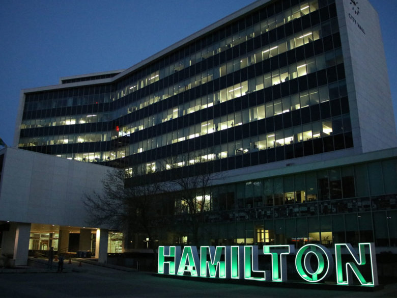 Hamilton City hall at night
