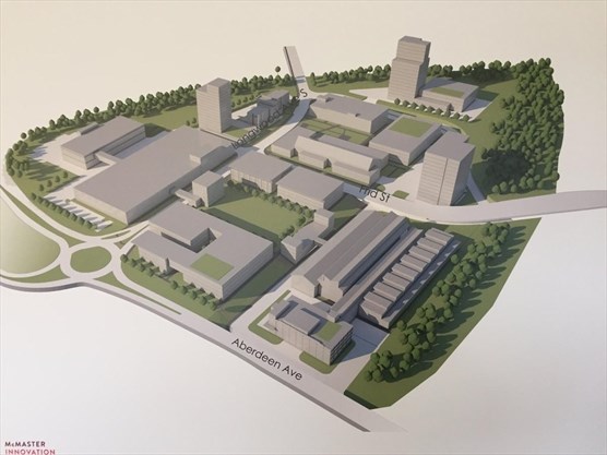Preliminary concept sketch of McMaster Innovation Park locates the warehouse hub in the lower right of the illustration along Aberdeen, and a life sciences building at the corner of Aberdeen and Longwood.