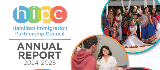 HIPC Annual Report 2024-2025 cover with group photos and the Hamilton Immigration Partnership Council logo.