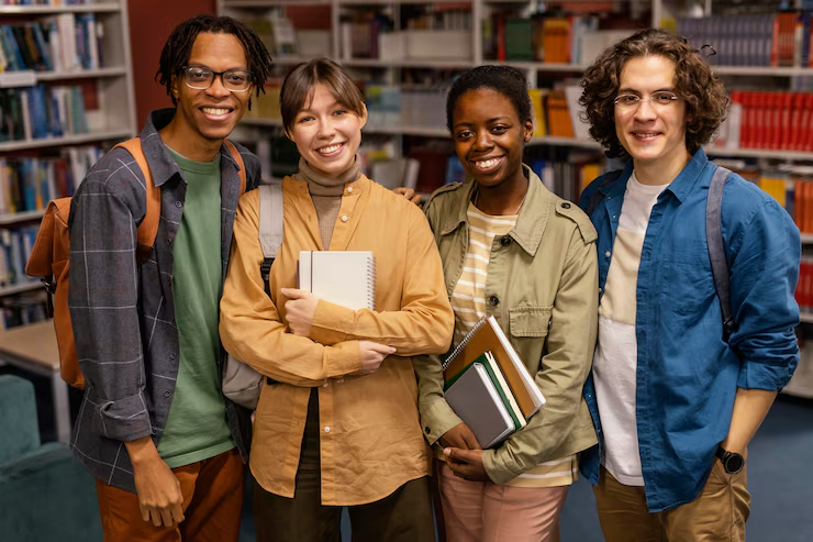 Four students with backpacks and notebooks standing together and smiling in a library.