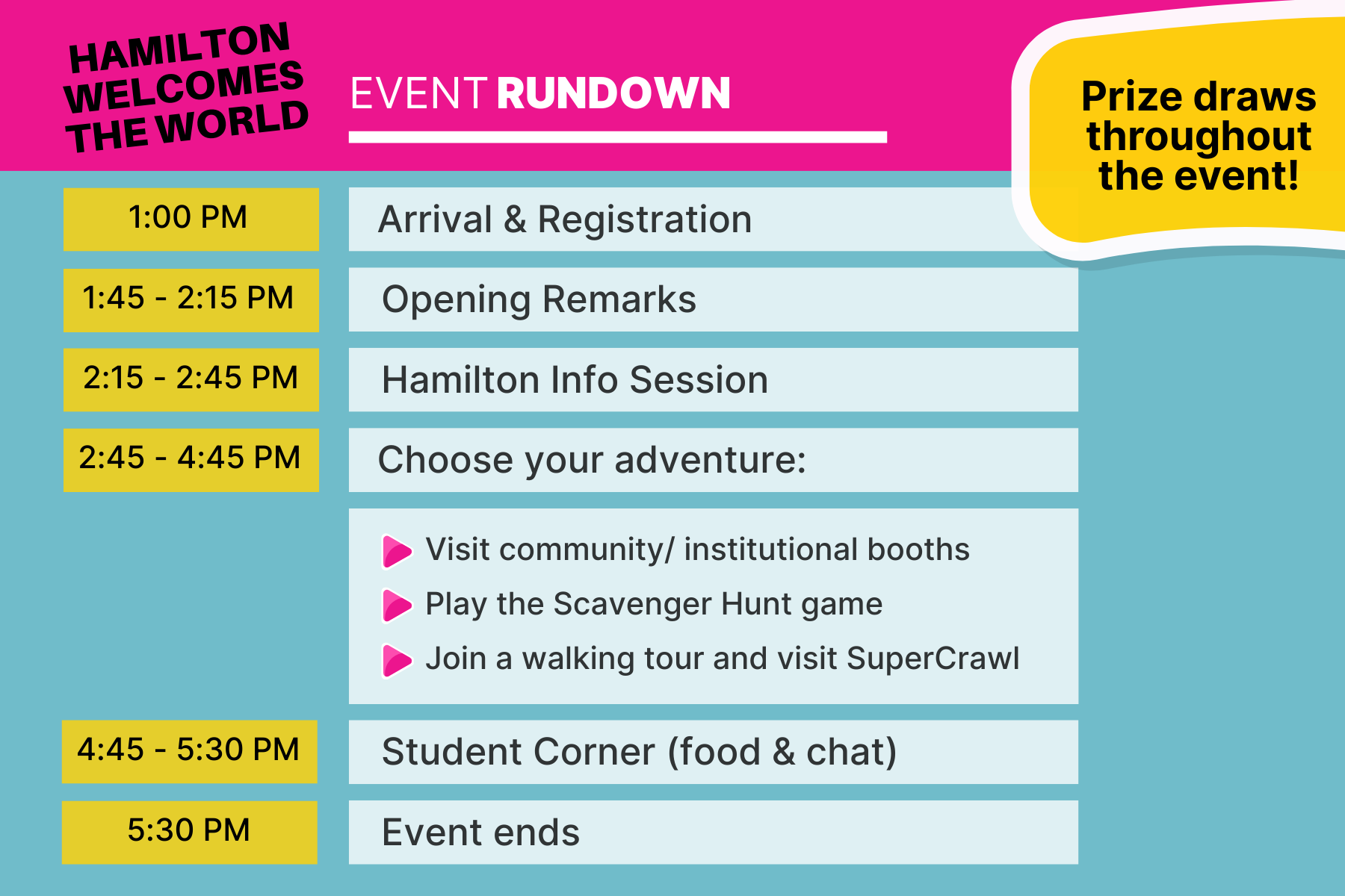 Event schedule listing times for registration, info session, activities, food, and end time, with prize draws during event.