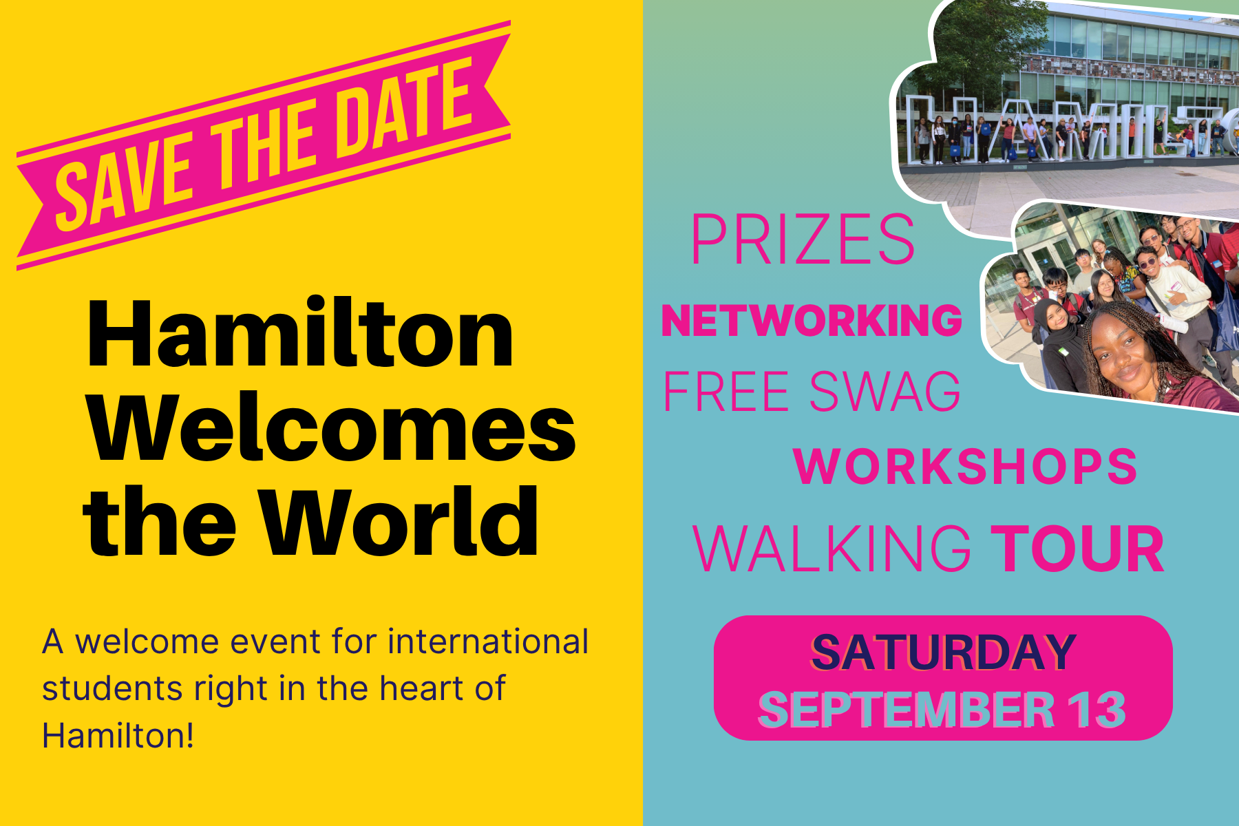 Banner for a welcome event for international students on Saturday, Sept 13, 1-5 PM at David Braley Health Sciences Centre.