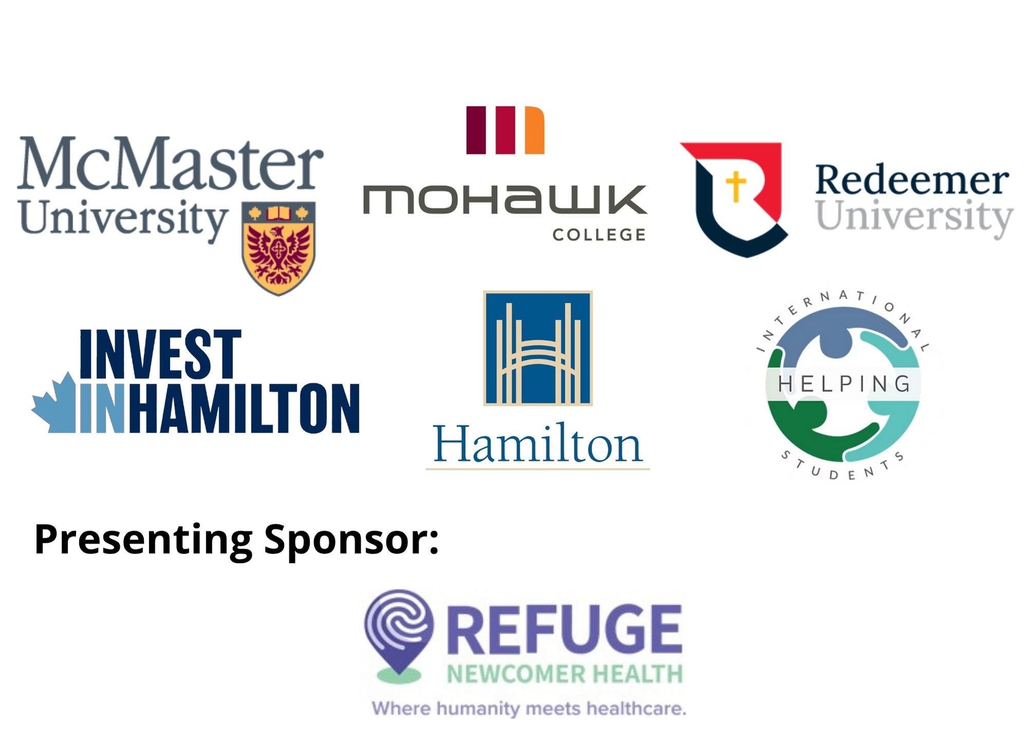 Logos of McMaster University, Mohawk College, Redeemer University, Invest in Hamilton, City of Hamilton, Helping International Students, and Refuge Newcomer Health (presenting sponsor) displayed together.