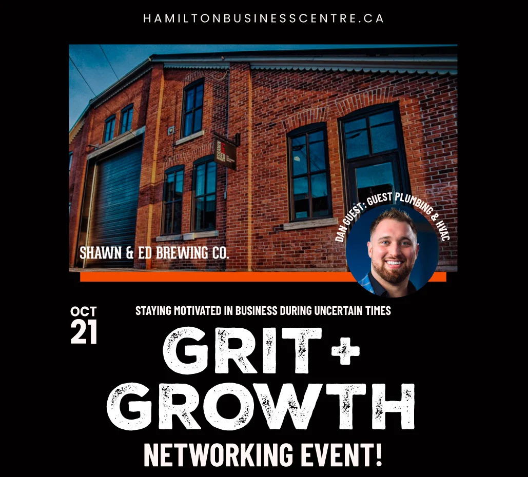 A promotional flyer for the Hamilton Business Centre event, Grit and Growth Networking at Shawn & Ed Brewing Co. on October 21st, 2025
