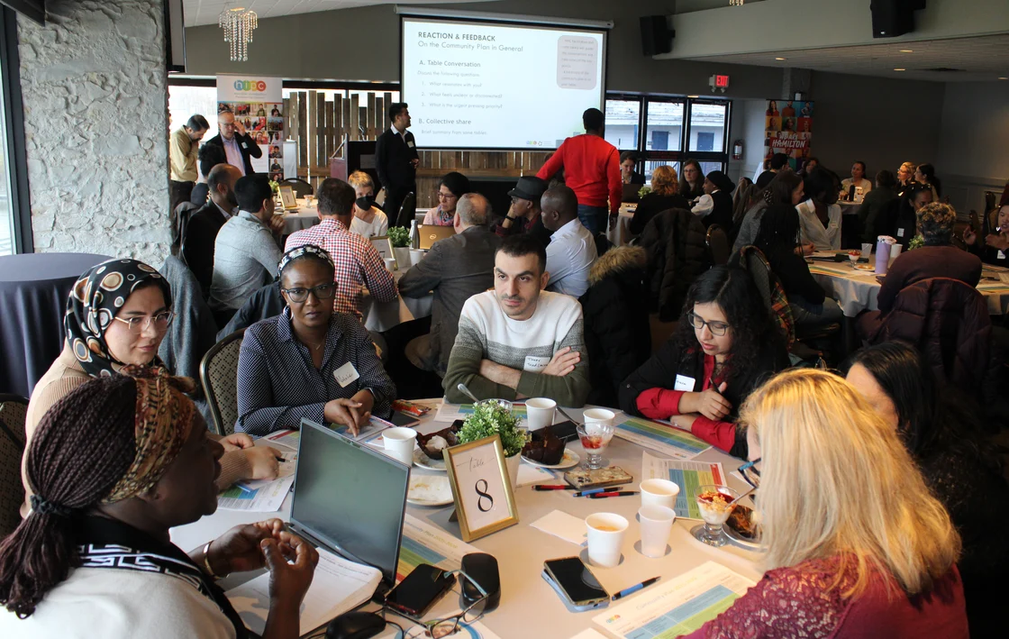 Attendees at the Hamilton Immigration Partnership Council sitting around a table