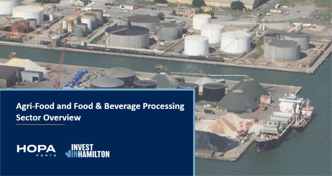 The cover slide of a presentation deck that reads 'agri-food and food & beverage processing sector overview' and displays HOPA and Invest in Hamilton logos with an aerial photo of HOPA's Hamilton Port in the background