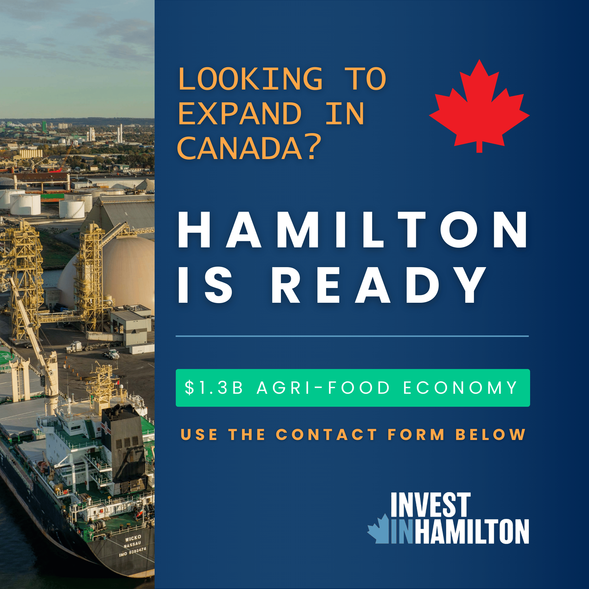 Banner saying "Looking to expand in Canada? Hamilton is ready! $1.3B Agri-food Economy. Use the contact form below"