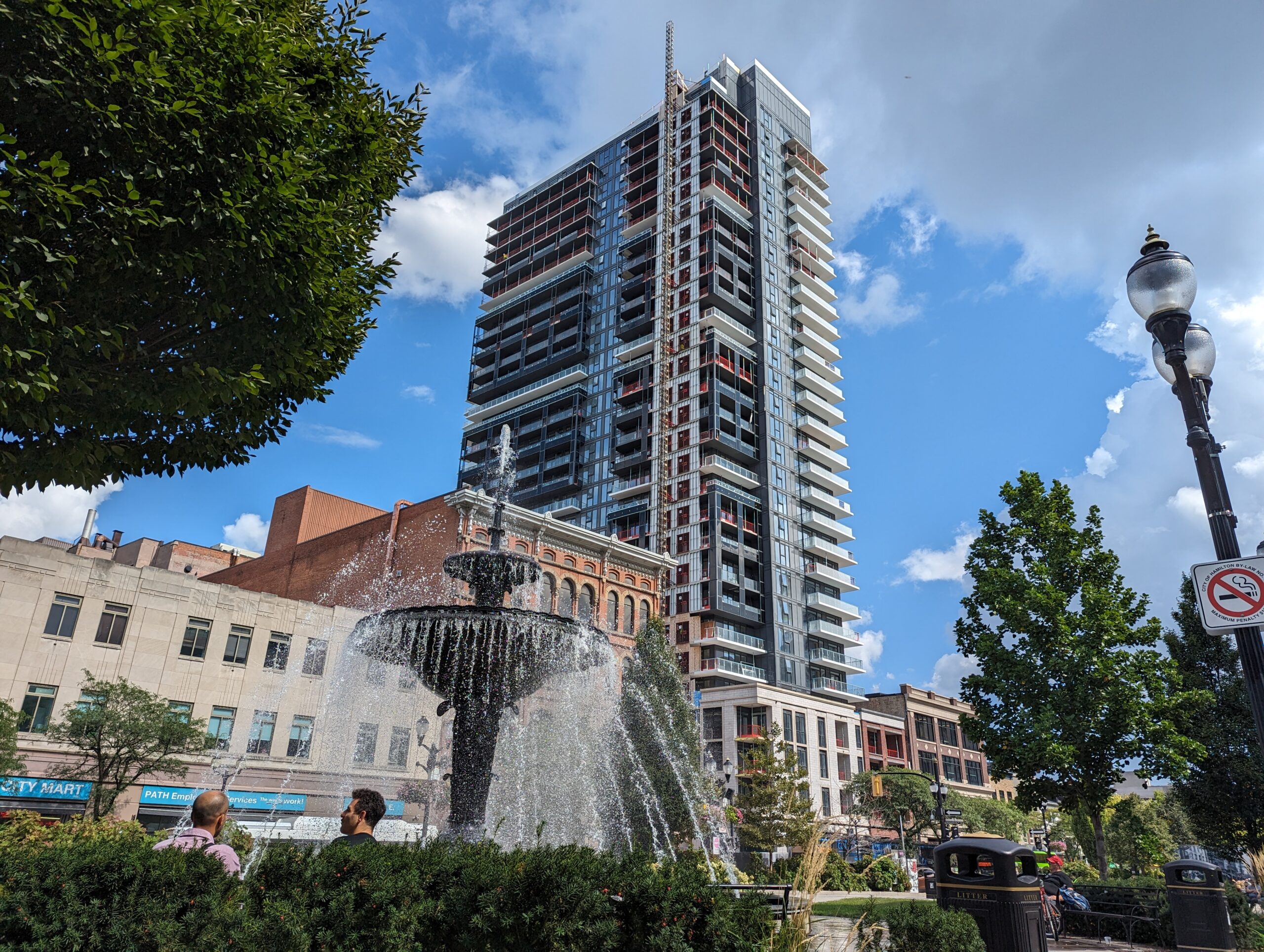 summer downtown Hamilton, fountain in the foreground