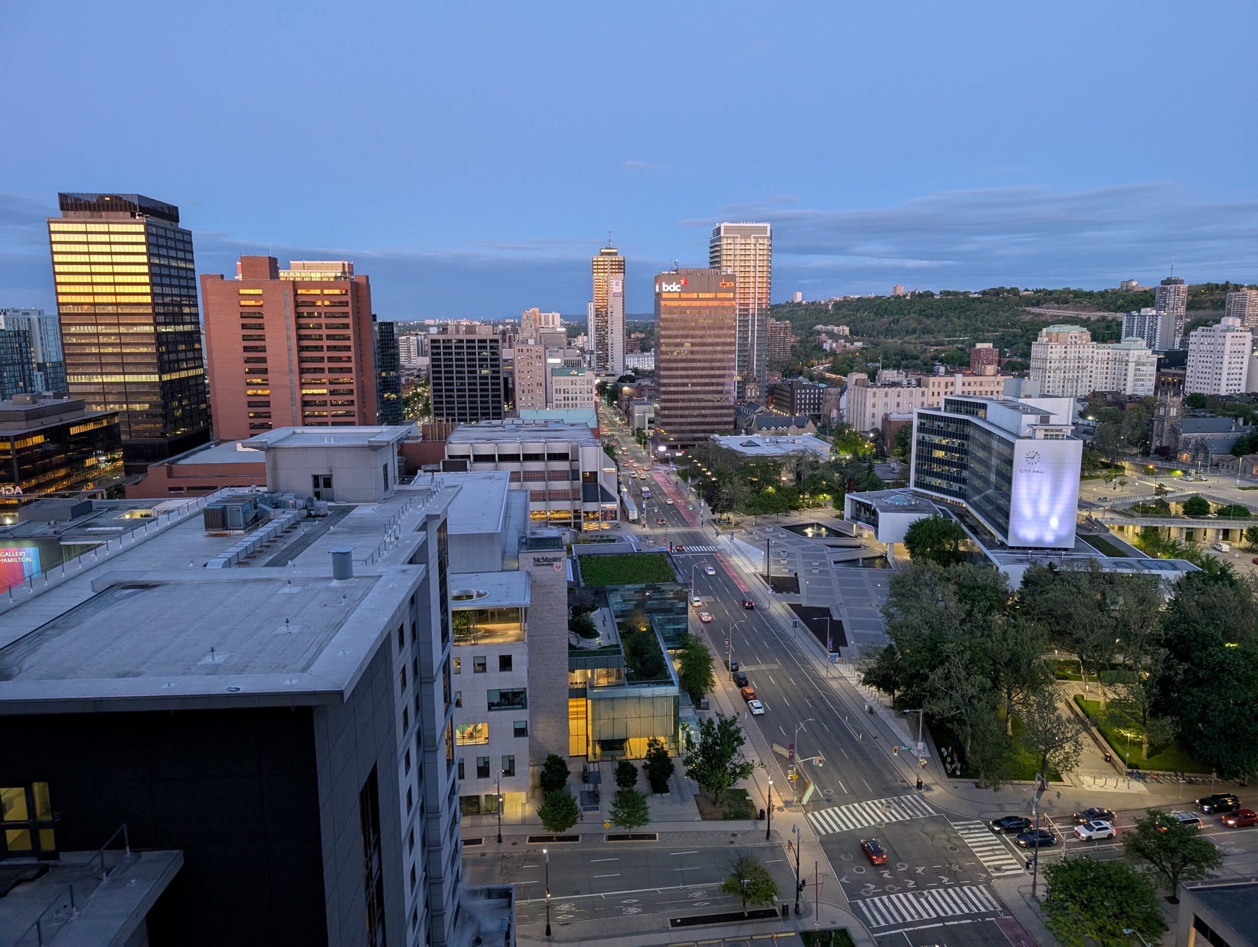 Aerial view of downtown Hamilton, centred on Main Street going west to east