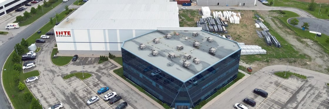 An aerial rendering of the INTE Modular building in Hamilton, Ontario