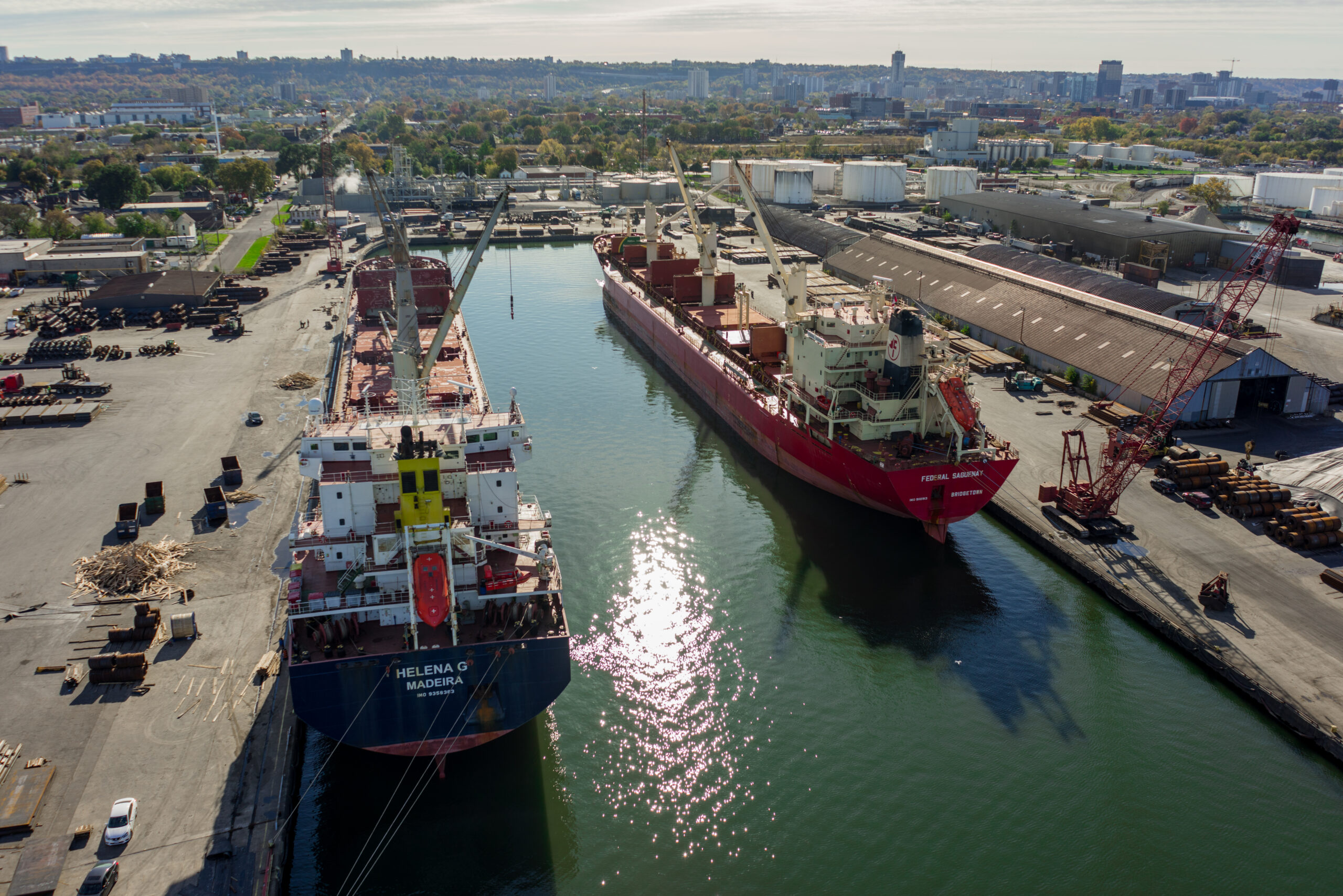 Two ships docked at the Port of Hamilton with the Hamilton skyline in the background
