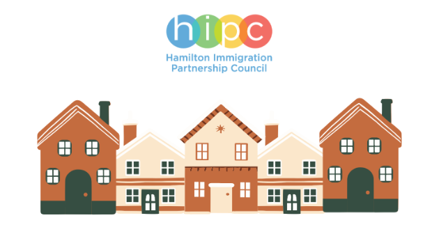 A graphic showing digital homes and the Hamilton Immigration Partnership Council logo