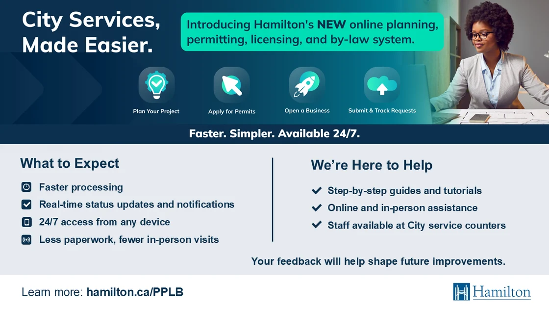 An ad for the City of Hamilton's new online planning, permitting, licensing, and by-law system at hamilton.ca/PPLB